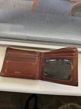 Bosca Brown Leather Bi-Fold Card Wallet with ID Window heavy wear